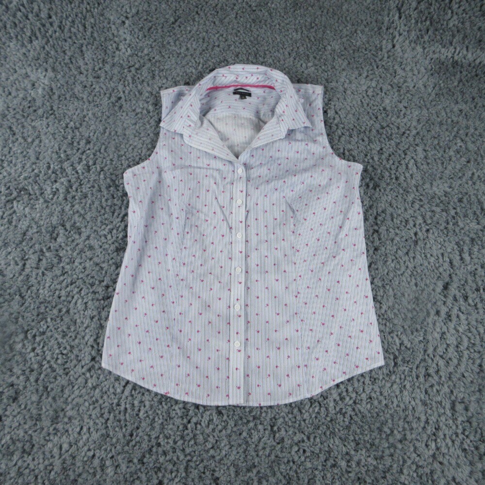 Talbots Shirt Womens 8 Petite Blue Pink Striped Palm Tree Sleeveless Button Up